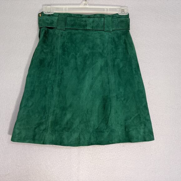H & M Women's Green Suede Mini Skirt Size 4 Belted Flowy Feminine Retro Mod Boho - Picture 2 of 5